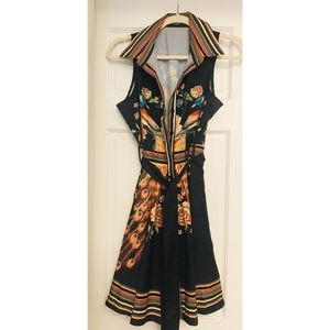 Peacock Floral Print Tie Waist Sleeveless Shirt Dress